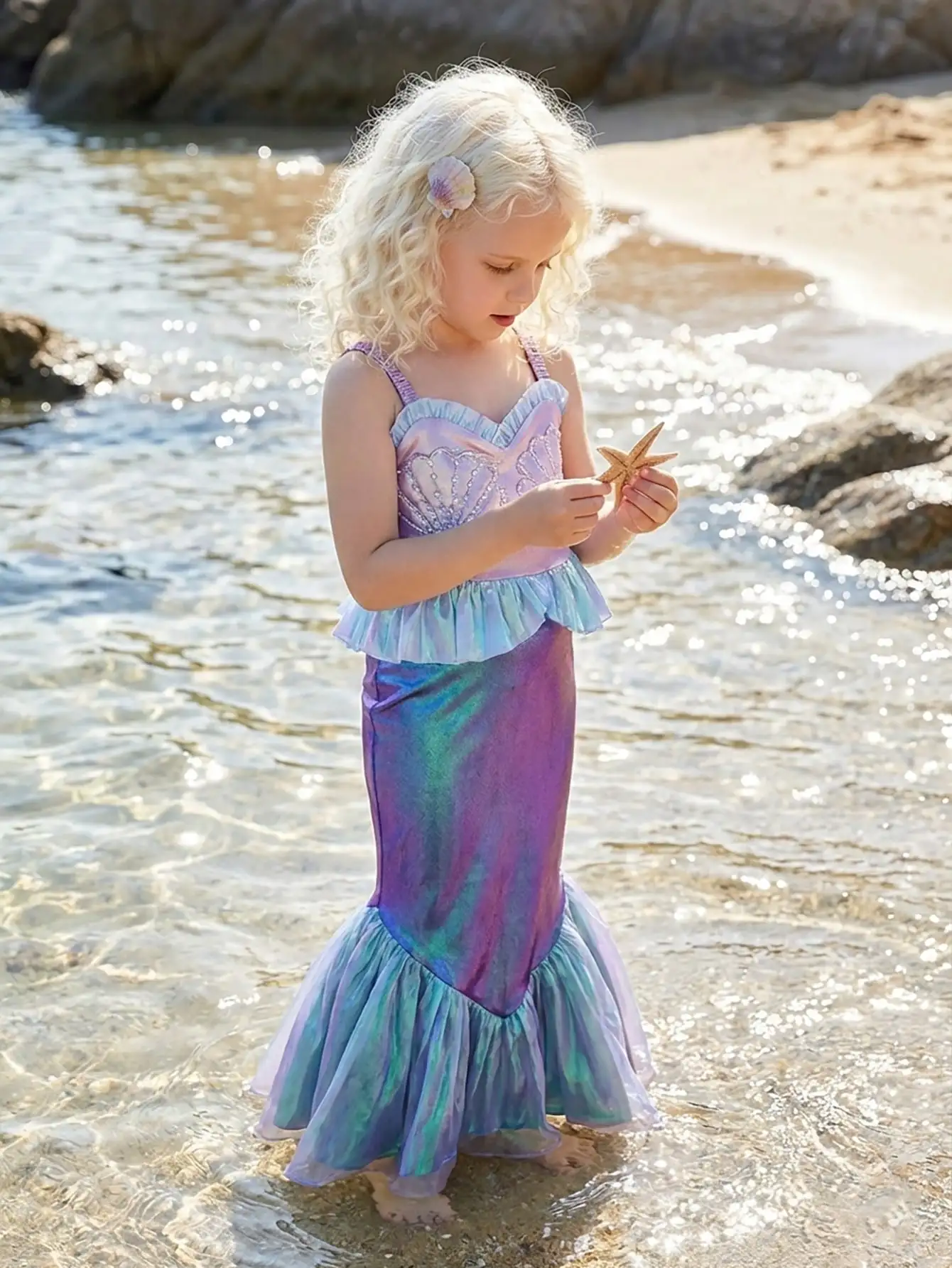 Girls Sequin Mermaid Party Dress with Flying Sleeves