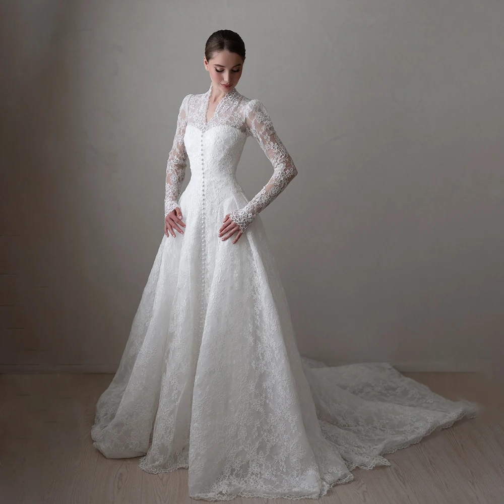 Lace A-Line Wedding Gown with High Collar and Long Sleeves