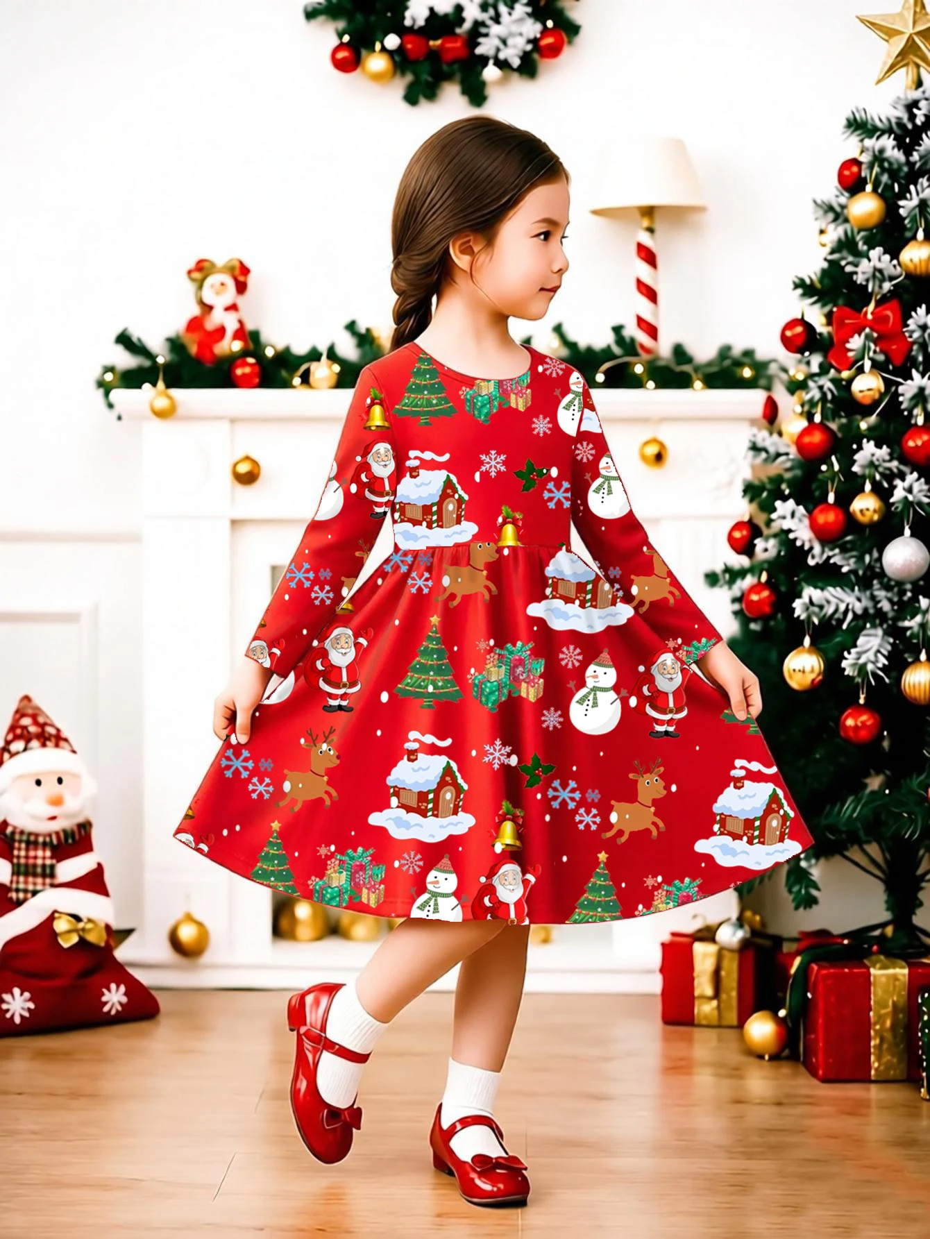 Girls Festive Red Long Sleeve Twirl Dress