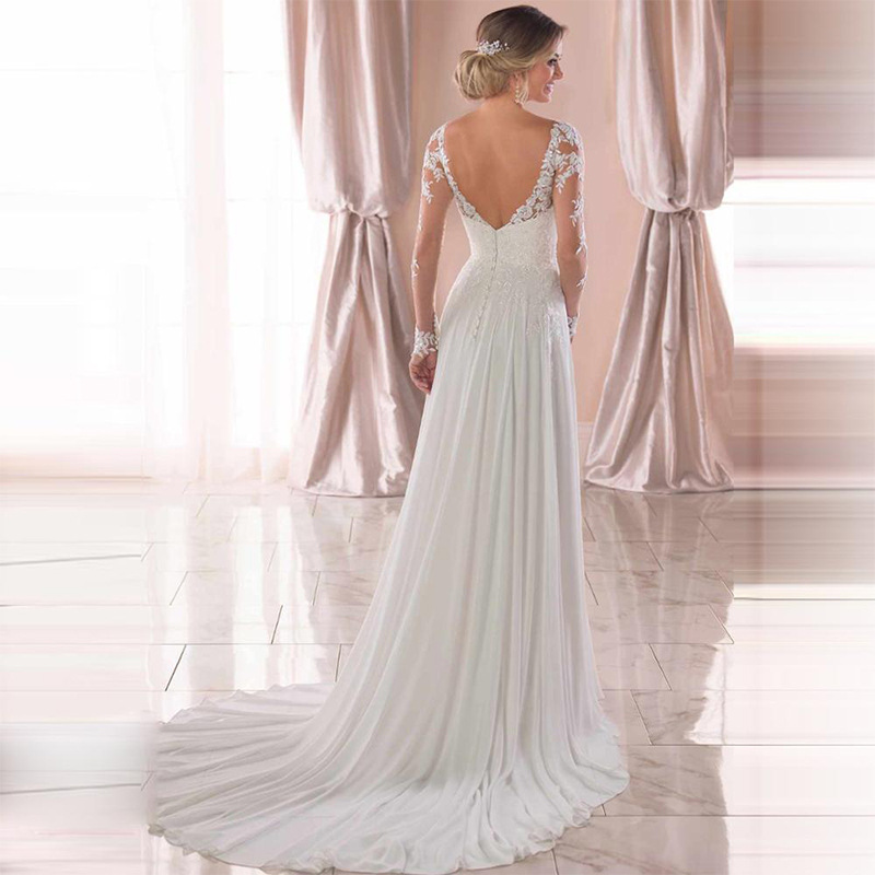 Backless Deep V-Neck Chiffon Bridal Evening Gown
